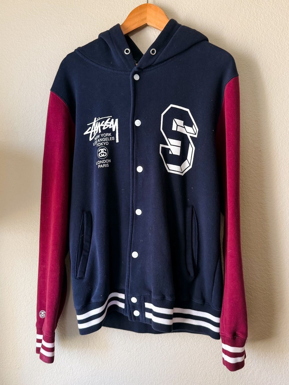 Vintage Stüssy Varsity Snap Front Hoodie Jacket Navy Burgundy Large Y2K